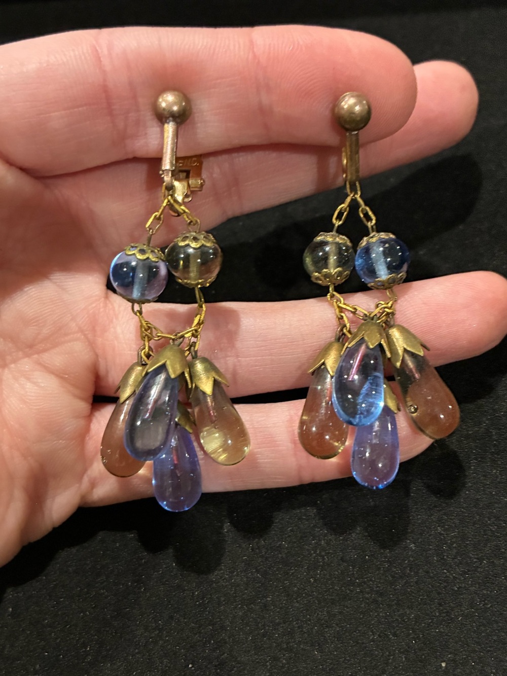 Vintage Mid-Century Molded Glass Cluster Dangle Clip-On Earrings